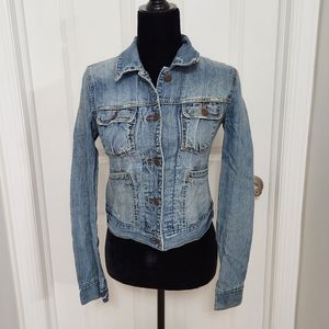 Abercrombie & Fitch Medium Wash Distressed Cotton Denim Jacket